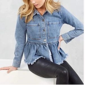 MUD PIE Jacket Peplum Raw Hem Denim Blue Button Down Lightweight Size Large